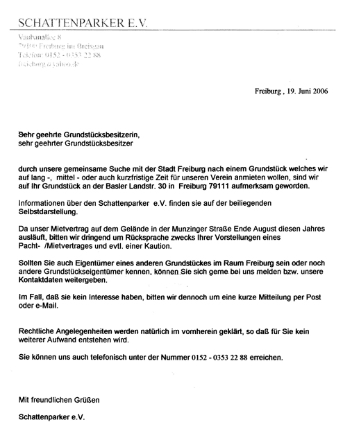 2006: Anschreiben für private Platzsuche