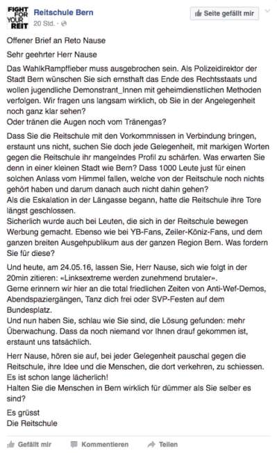 Der offene Brief der Berner Reitschule an Sicherheitsdirektor Reto Nause (CVP).