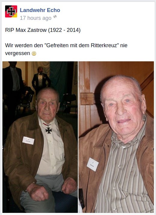 „RIP Max Zastrow (1922 - 2014) – Wir werden den "Gefreiten mit dem Ritterkreuz" nie vergessen“