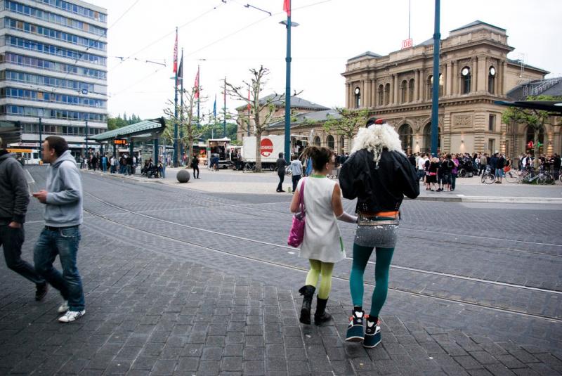 Walking towards the train station.