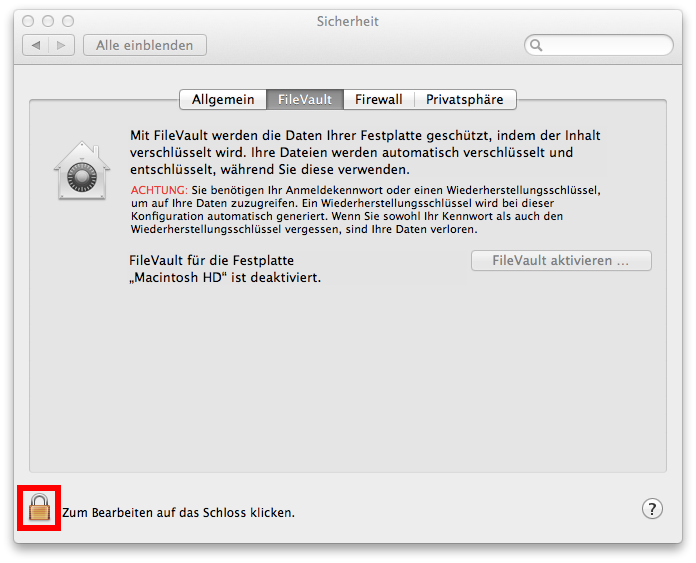 FileVault-Einstellungen, gesperrt