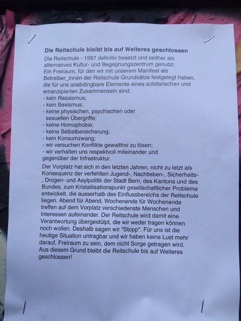 Die Reitschule bleibt bis auf Weiteres geschlossen.