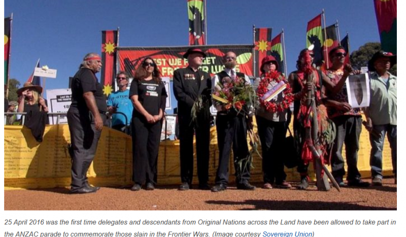 25 April 2016 was the first time delegates and descendants from Original Nations across the Land have been allowed to take part in the ANZAC parade to commemorate those slain in the Frontier Wars. (Image courtesy Sovereign Union) 25 April 2016 was the first time delegates and descendants from Original Nations across the Land have been allowed to take part in the ANZAC parade to commemorate those slain in the Frontier Wars. (Image courtesy Sovereign Union)