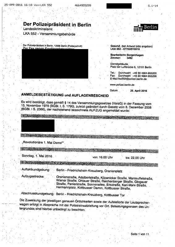 Seite 1 - Auflagenbescheid der Berliner Polizei zum 1.Mai 2016