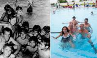 Charles Perkins and local Moree children at the pool in 1965 alongside a photo taken in 2015 of Perkins’ daughter Rachel reunited with some of those in the original photo.