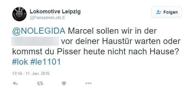 “Fanszene Lok Leipzig” am 11. Januar 2016 bei Twitter, wenige Stunden vor dem Naziangriff in Connewitz
