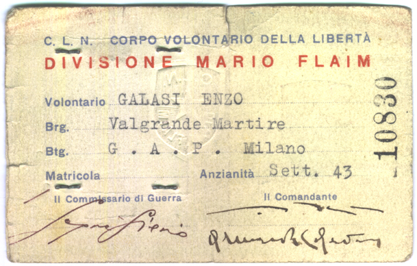 Enzo Galasi.Tesserino di appartenenza alla Divisione Mario Flaim,85ª brigata “Valgrande Martire”, battaglione GAP Milano. 
