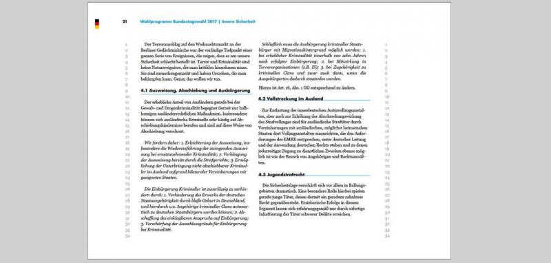 Die S. 21 des Wahlprogrammvorschlags des AfD-Vorstandes zur Bundestagswahl 2017 enthält Forderungen zur inneren Sicherheit