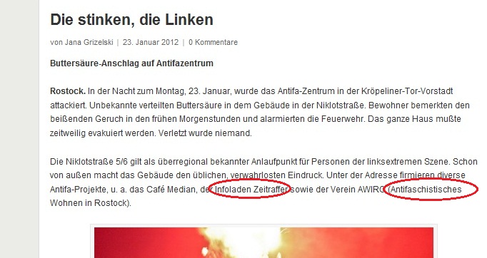 Bild: „Keine Ah­nung von nichts“ – In­fo­la­den Zeit­raf­fer steht nicht in Ros­tock. (Screen­shot Mu­p­info)