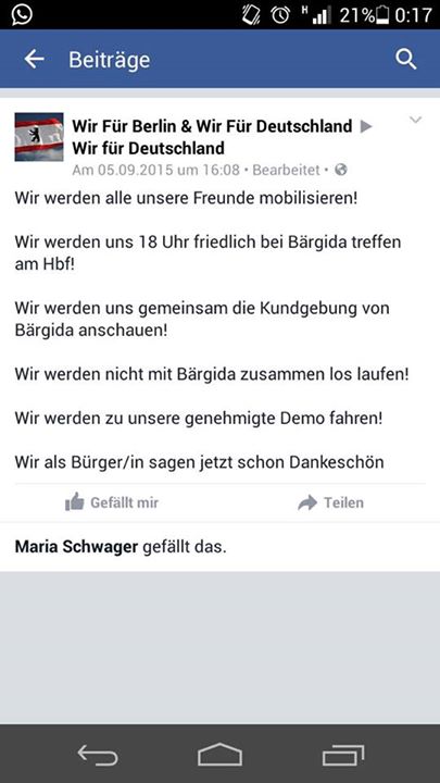 Hinweis auf rechte Spontanaufmärsche auf der Facebookseite „Wir Für Berlin & Wir Für Deutschland“