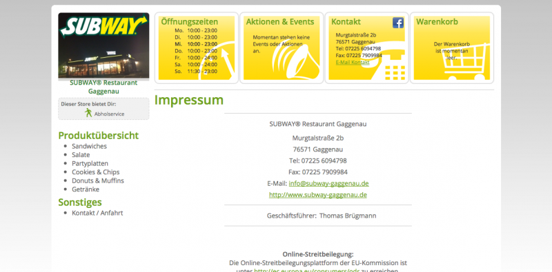 Aktuelles Impressum vom Subway in Gaggenau