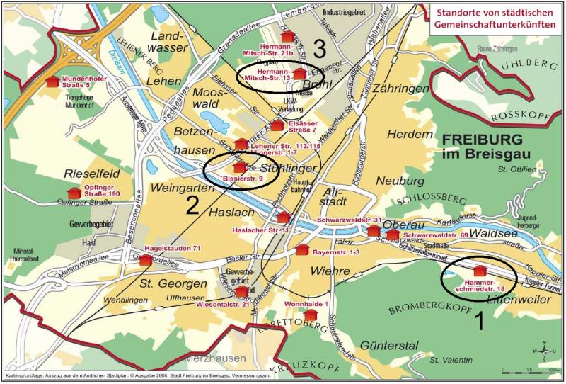 Map of housing for those in "difficulties", 1) Hammerschmiedstraße, 2) Bissierstraße, 3)St Christophs