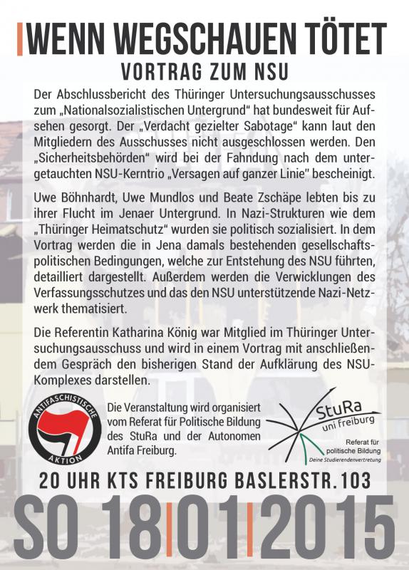 AAF & StuRa Freiburg: „Wenn Wegschauen tötet“ – Vortrag zum NSU, Sonntag, 18.01.2015, 20 Uhr, KTS Freiburg