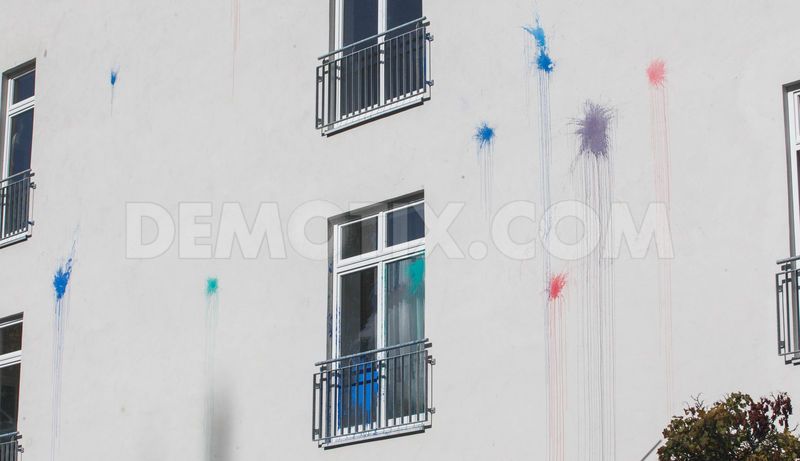 The vandalised façade of the apartment building on Franz-Klühs-Straße in Berlin Kreuzberg, Germany. 