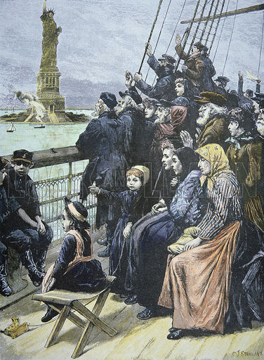 European immigrants passing the Statue of Liberty in New York Harbour, 1892.