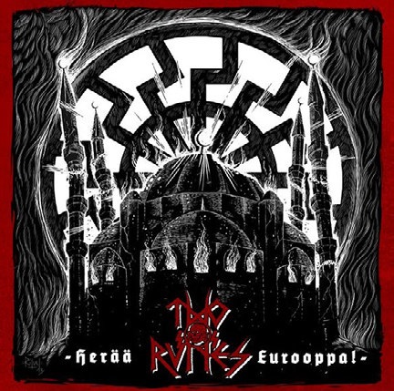 Cover der finnischen Neonaziband Two Runes, veröffentlicht auf Möbus Label "Darker than Black", mit ein­deu­tiger Sym­bolik: Das Band­logo besteht aus SS-Totenkopf und zwei Sig­runen, das Cover zeigt eine Schwarze Sonne hinter einer bren­nenden Moschee.