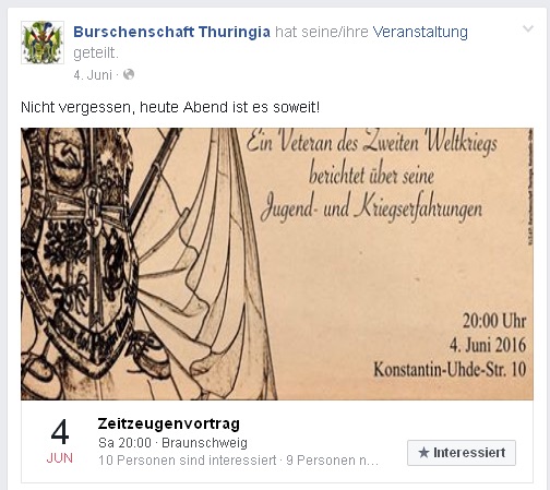 Einladung der »Burschenschaft Thuringia« zum "Zeitzeugenvortrag". Foto: Screenshot von Facebook