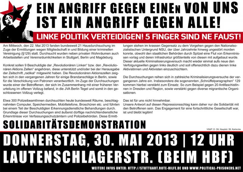 Stuttgart: Solidemo zu den Hausdurchsuchungen am 22. Mai