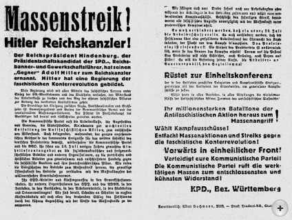 Das Flugblatt der KPD, das zum Streik gegen Hitler aufruft.