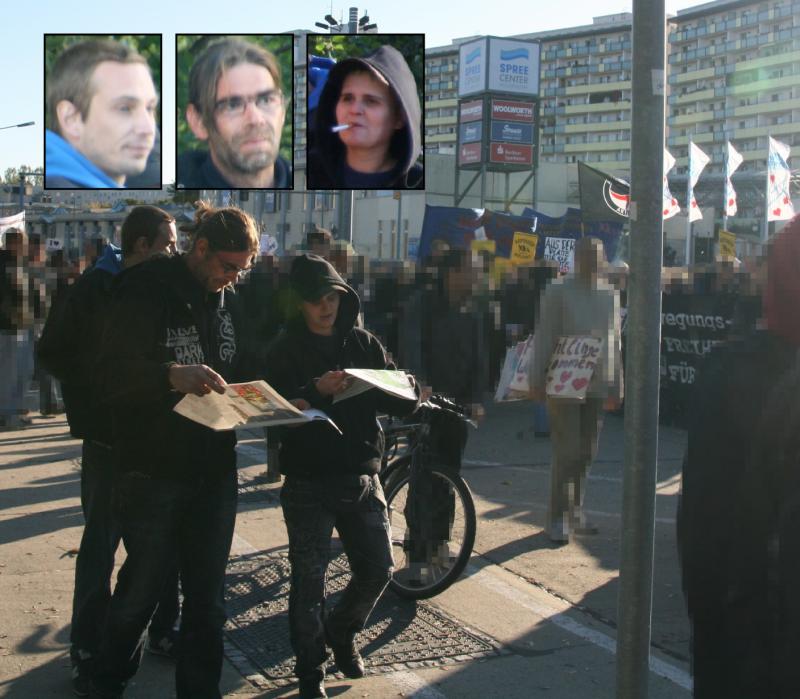 In Begleitung eines weiteren Neonazis versuchen sich Kai Schuster und Susann Witzki (v.l.n.r.) in Hellersdorf einer antirassistischen Demonstration zu nähern, 3. Oktober 2013
