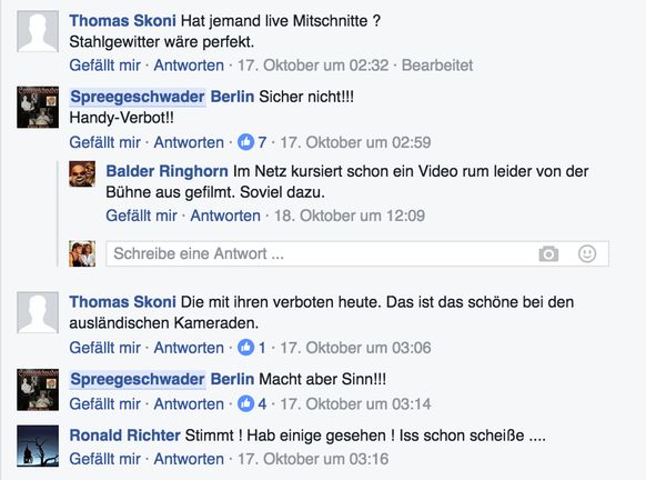 Aufnahmen aller Art waren am Konzert offenbar ein No-Go, wie auf der Facebook-Seite der Band Spreegeschwader zu lesen ist. screenshot: facebook/spreegeschwader berlin