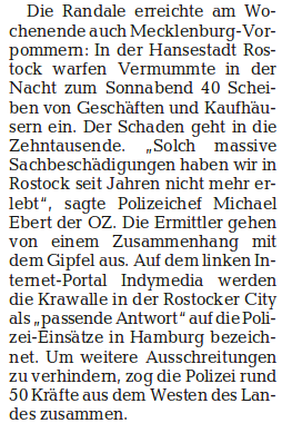 Ostsee-Zeitung, 10.07.2017, G-20-Krawalle auch in Rostocker City