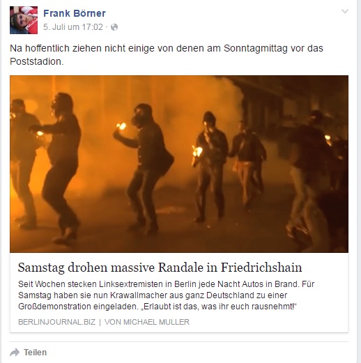 Anstatt sich dazu zu äußern warum er die Positionen der AfD teilt, beschwöhrt Frank Börner veremintliche Gewaltexzesse bei der Kundgebung vorm Poststadion herauf. 
