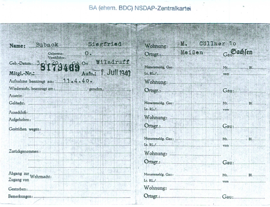 Karteikarte der NSDAP für Siegfried Buback. Quelle: Bundesarchiv